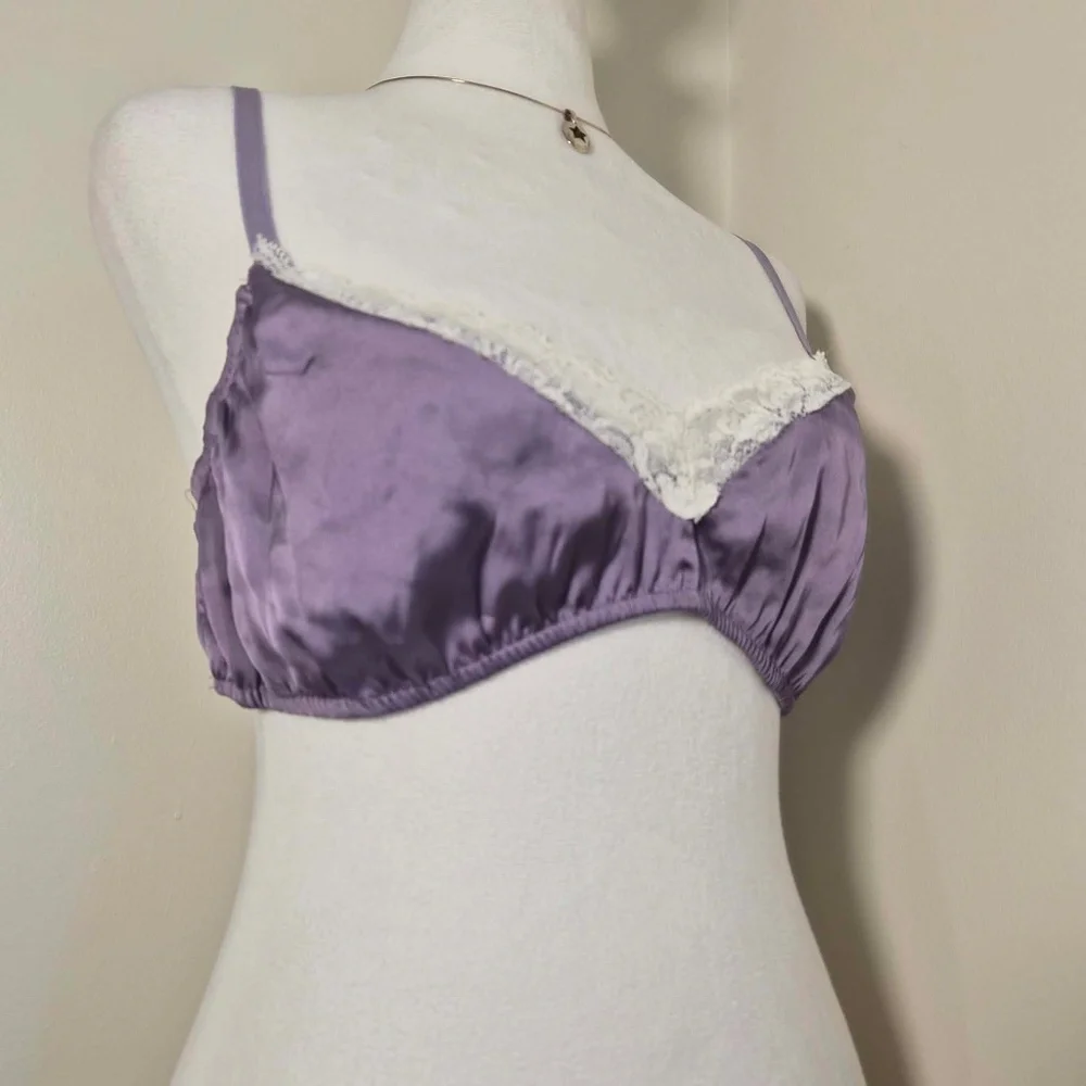 Free People NWOT She Silky Bralette Elderberry Purple Lace Satin Smocked Bra L - Picture 4 of 10